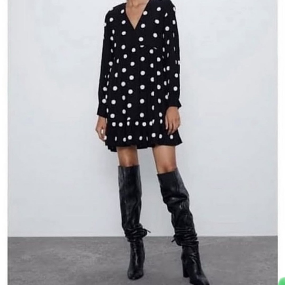 ZARA Black White POLKA DOT EMBROIDERED DRESS Ruffled V-neck Size S RN 77302